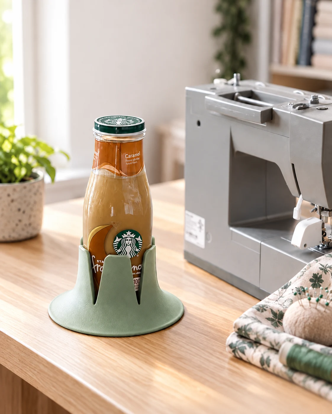 A bottled iced coffee in a sage Steadi beside a sewing workspace. AI lifestyle illustration.